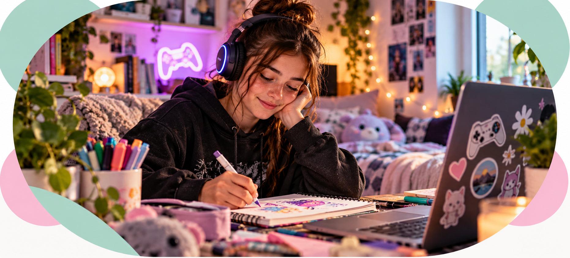Teenager enjoying drawing in a comfortable room