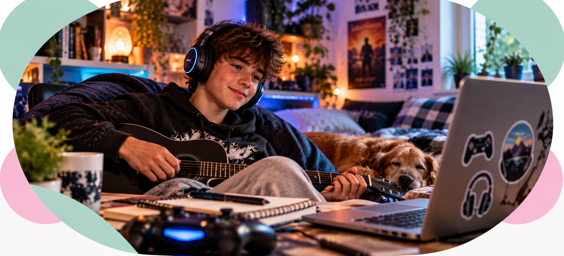 Teenage boy enjoying music and relaxing at home