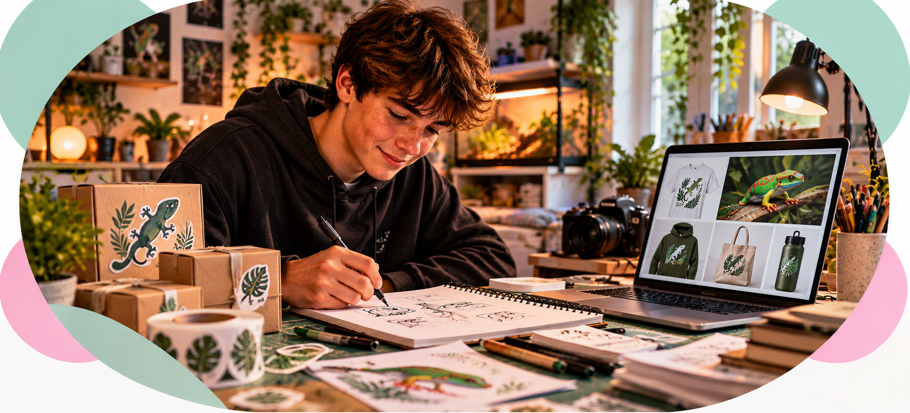 Young person developing creative ideas and products at a desk