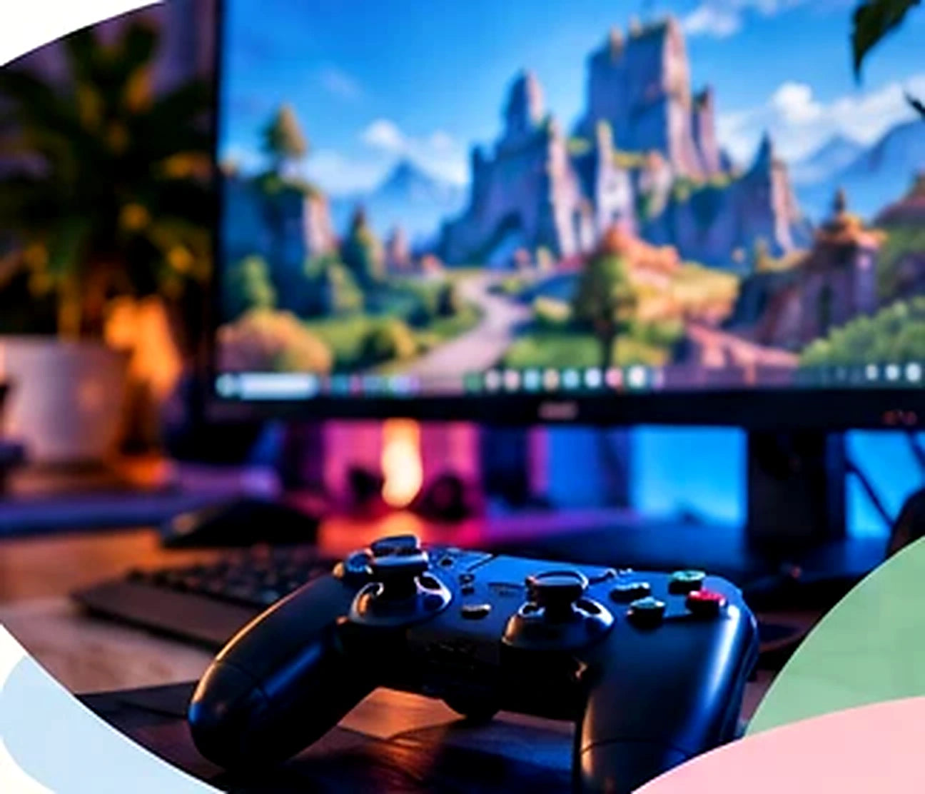Gaming controller and monitor in a relaxed room