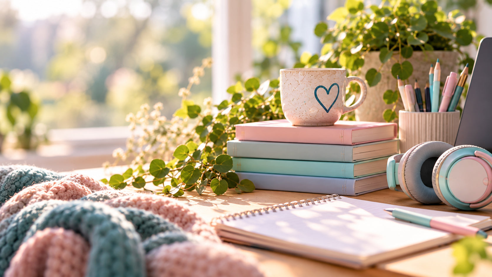 Pastel workspace with a mug, notebooks and headphones