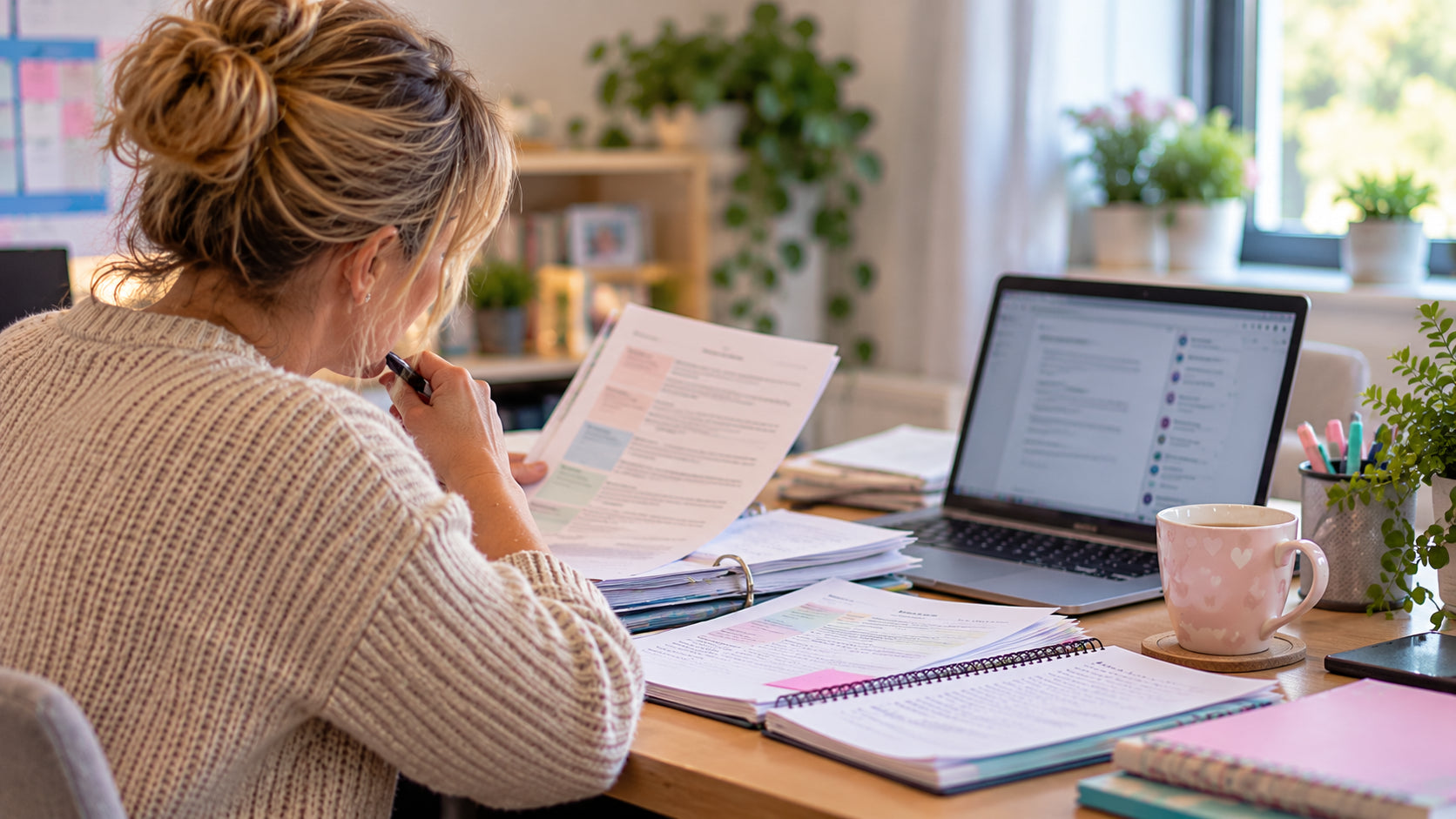 Parent reviewing school and SEND paperwork at a desk