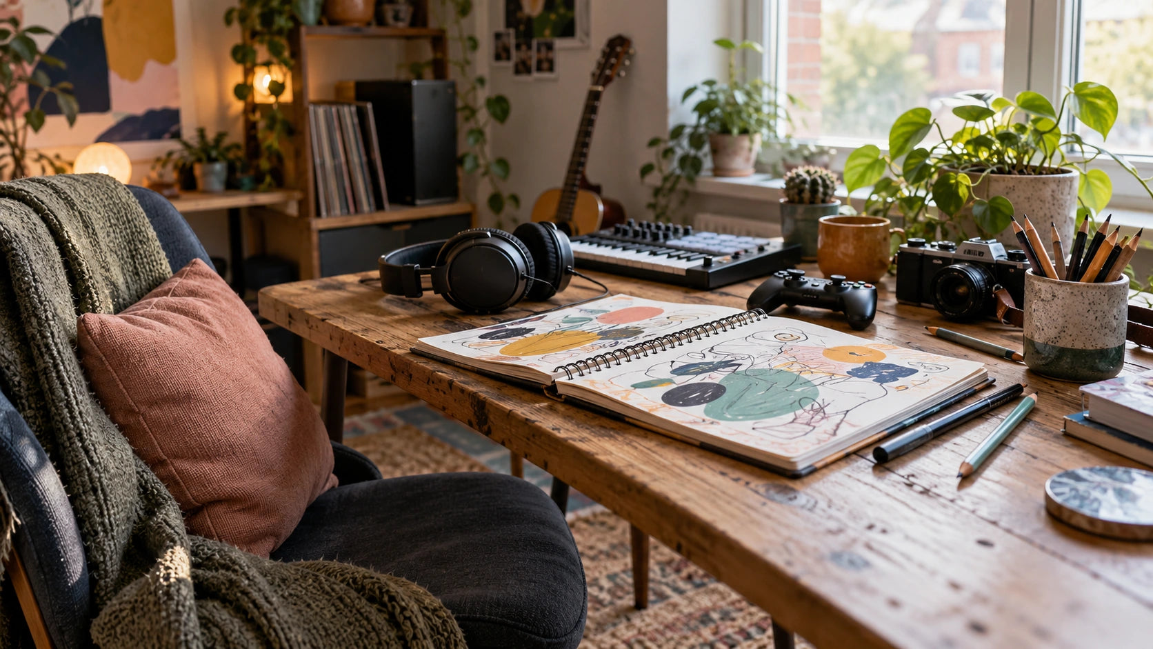 Creative interests including art, music, gaming and photography in a welcoming space.