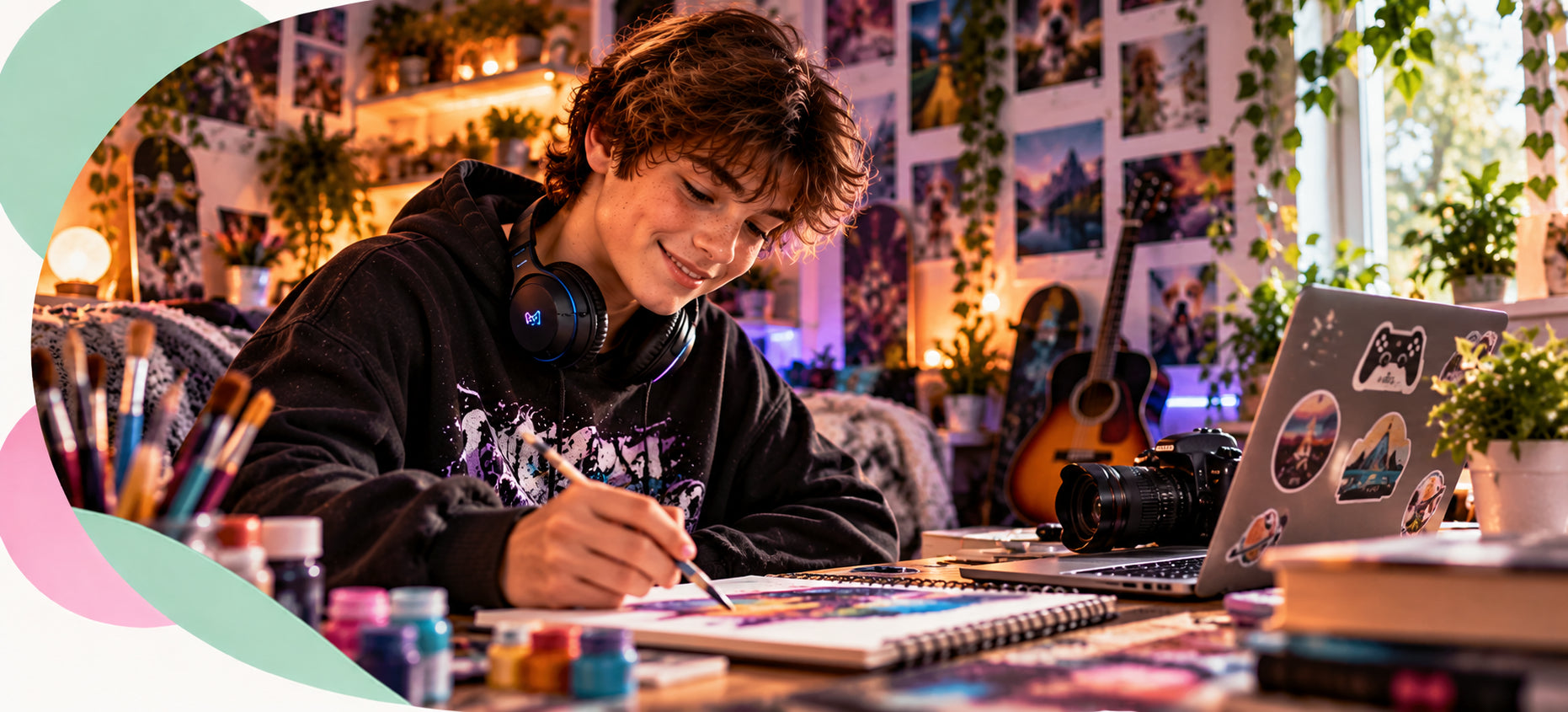 Young person exploring creative interests at a colourful desk