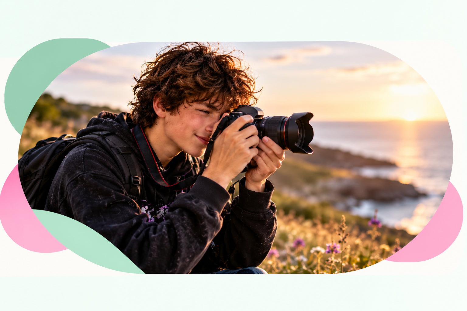 Young person outdoors exploring photography with a camera