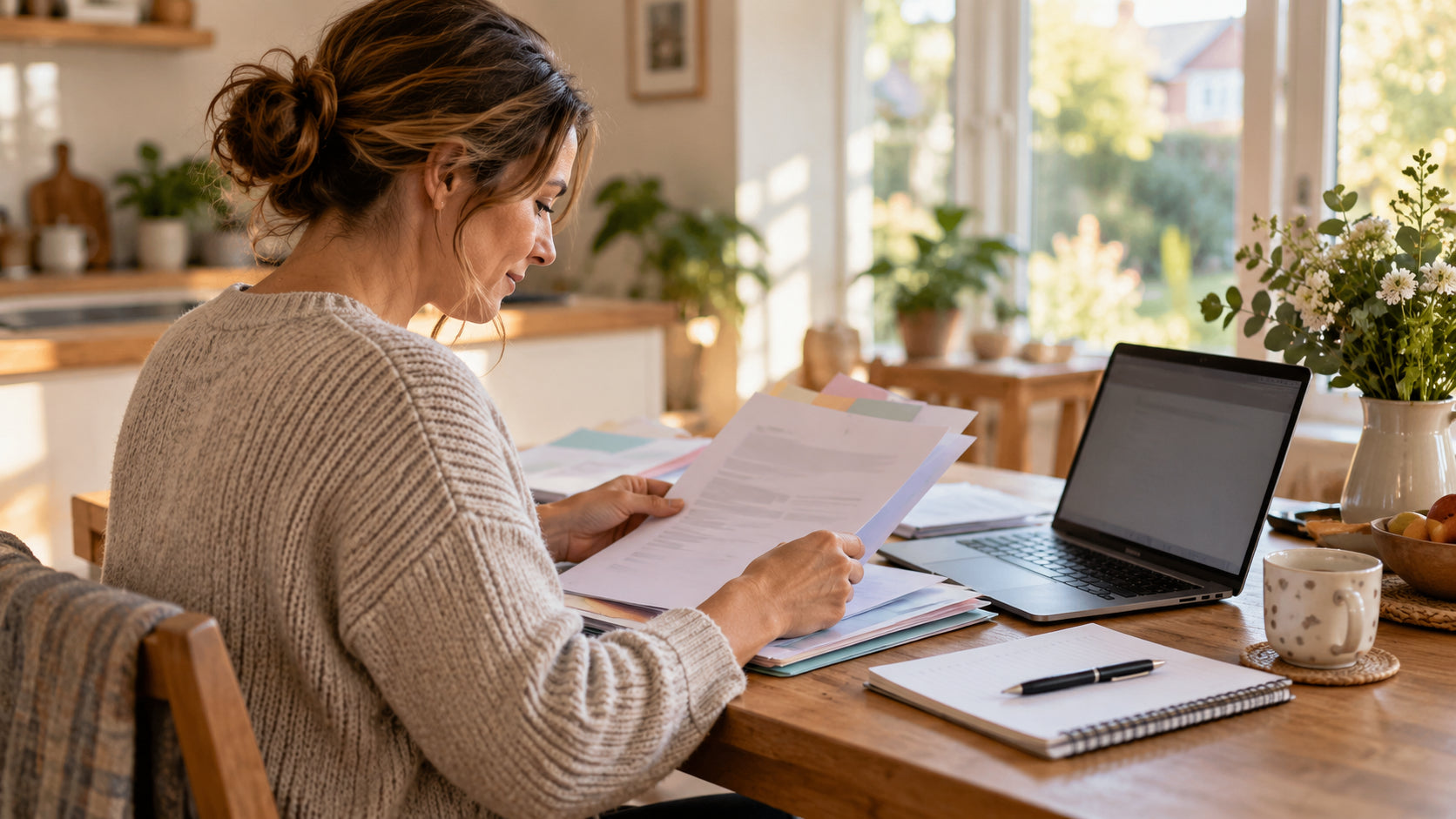 A parent reviewing paperwork beside a laptop at a kitchen table.