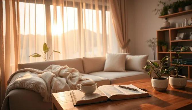 A book and warm drink on a comfortable sofa in natural light.