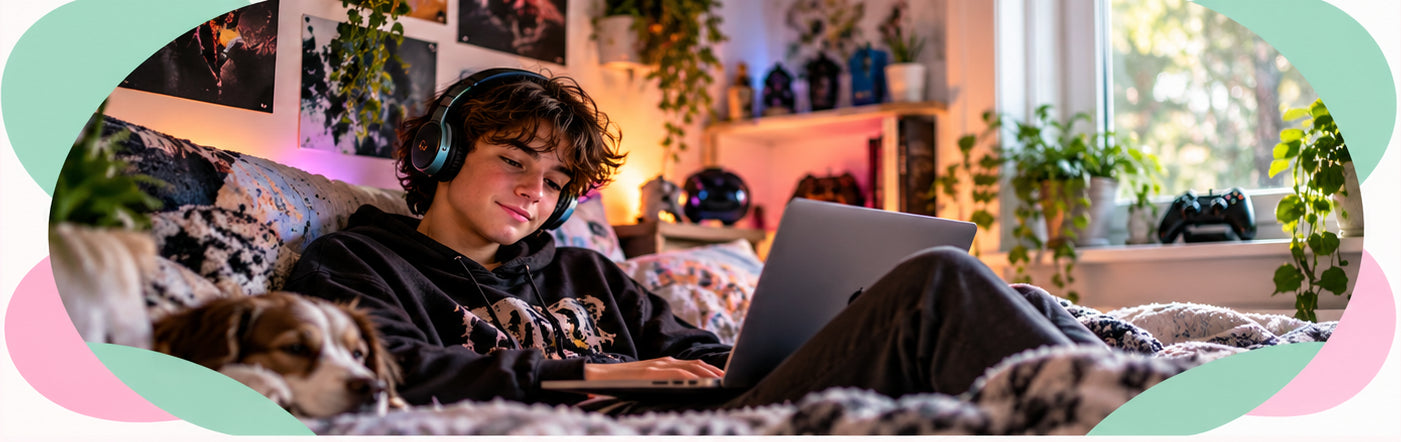 Teenage boy relaxing with headphones, laptop and dog in his bedroom