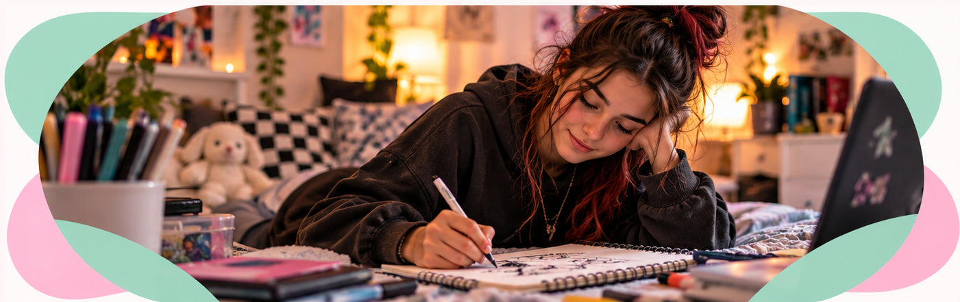 Teenage girl drawing in a comfortable bedroom